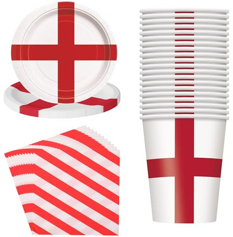 Trimming Shop St. George Cross England Party Tableware Set – 60pcs Disposable Supplies – 20x 9 Paper Plates, 20x 9 oz Cups, 20x Red & White Stripe Napkins – National Day, Street Parties, Celebrations