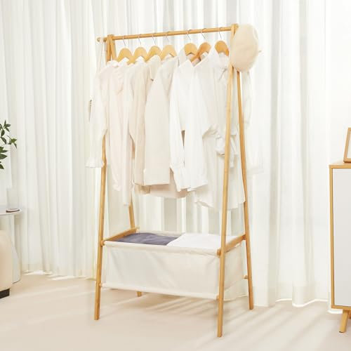 Yorbay Kleiderständer Bambus mit Aufbewahrungstasche Kleiderstange: Faltbarer Garderobe für Flur Schlafzimmer Wohnzimmer - Stabil Garderobenständer Offener Kleiderschrank mit Haken 149 cm