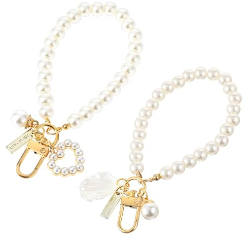 Teaaha Pearl Keychain Wristlet Golden Imitation Pearl Key Chain Women Cute Purse Charms Anhänger Love Heart Girly Backpack Key Ring Accessory Gift for Car Keys (1+2)