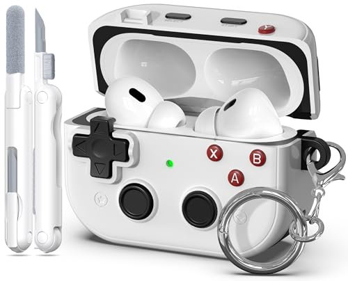 MHYALUDO Kompatibel mit AirPods Pro 2. Generation Hülle, Schutzcover im Player-Design mit sichtbarer Front-LED, stoßfest für AirPods Pro 2/1 (2023/2022/2019), Gaming-Stil, Weiß