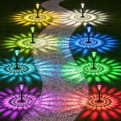 Akynite Lot de 8 Lampes Solaires Extérieur Jardin, 7 Couleurs RVB & Lumière Blanche Chaude, IP65 Étanche Lumière Solaire Multicolore pour Chemin Terrasse Allée, Eclairage Jardin Extérieur