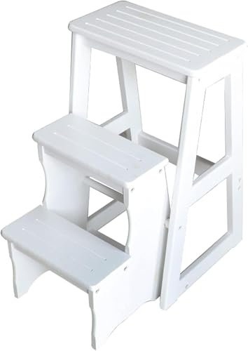 Escaleras de metal con accesorios, taburete plegable de madera, taburete de escalera para interiores, taburete portátil para biblioteca, ático, cocina, casa de renovación (blanco)