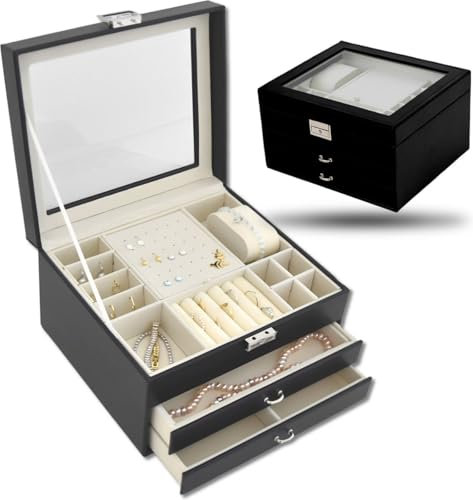 Galeara design Schmuckkästchen mit Glasdeckel Schwarz - Schmuckbox mit 2 Schubladen - Schmuckaufbewahrung