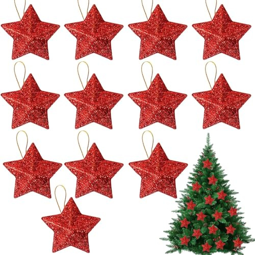 ALEGRE® Weihnachtsbaum Deko Stern Rot, 12 Stück Glitzer Sterne zum Aufhängen, Weihnachtsdeko Sterne Klein, Weihnachtssterne Anhänger für Weihnachtsbaumdeko, Deckenhänger, Neujahr Winter Dekoration