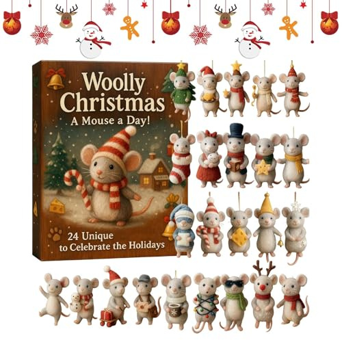 Weihnachts-Adventskalender, Spielzeug – niedliche Adventsdekoration aus Acryl, 24 Tage Adventskalender mit Maus-Ornamenten – für Äste, Fenster, Wand