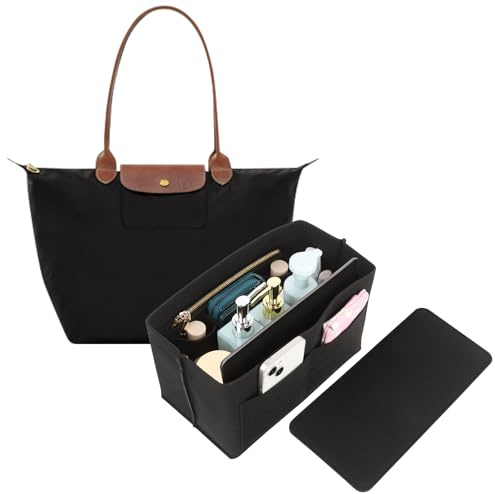 Bomiclss Organiser Insert for Longchamp Le Pliage Felt Tote Bag Organiser with Zipped Pocket & Multiple Compartments for Travel & Work Black (30x14x17cm)
