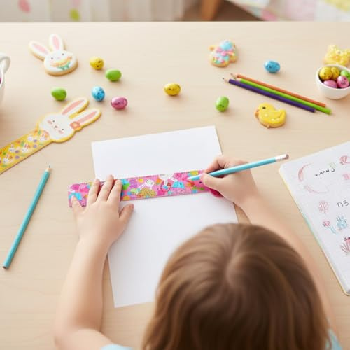 YOKJGHDO 16 Stück Bleistifte Set, 12 Ostern Bleistifte mit Radiergummi, 4 flexible Lineale, Bleistifte Jungen Mädchen Ostern Geschenke, Geburtstag Mitgebsel, Lernzubehör, Party Oster Geschenk