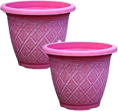 Fyne-Finds Set of 2 Round 40cm, 16inch Garden Plastic Plant Pot Weatherproof Woven Flower Outdoor Drainage Hole Decor Planter (Raspberry Pink)