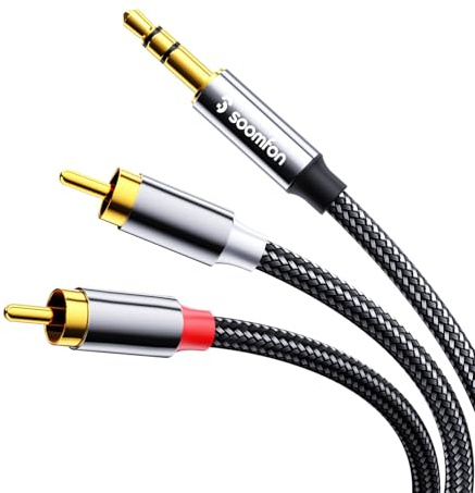 SOOMFON RCA to 3.5mm Audio Cable 2RCA to Aux 3.5mm Mini Jack Audio Lead 2M | Gold-Plated Red and White Aux Headphone Cord RCA Audio Y Splitter for Hi-Fi Amplifier Speaker DJ Controller Turntable TV Car