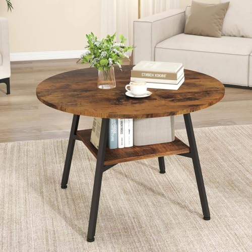 ARTETHYS Round Coffee Table, Coffee Table with Storage Shelf, Small Wooden Table with Sturdy Metal Frame, Center Tables for Living Room, Rustic Brown