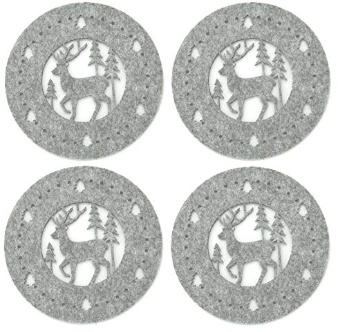heimtexland ® 4er Pack Glasuntersetzer Weihnachten Landhaus Hirsch Filz Untersetzer 4 Stück Typ608 Grau 11 cm