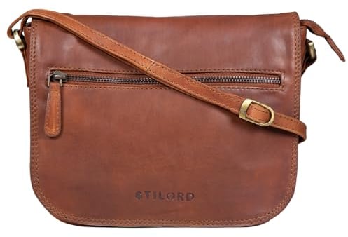 STILORD 'Elsa' Umhängetasche Damen Leder klein Handtasche Frauen Vintage kleine Damentasche Ausgehen Abendtasche Partytasche Freizeittasche Echtleder, Farbe:cognac - braun, Größe:M