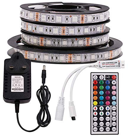 GQL 12V RGB LED Strip Lights, 5050 60LEDs Strips Self Adhesive Tape, 44 Key Remote IR Controller + Power Supply Rope Light Kit-IP21 Waterproof (5m, Not Waterproof)