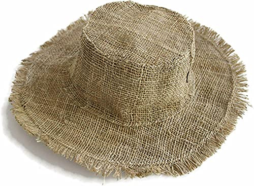 Manakamana Hanf Sonnenhut, ausgefranste Kanten, Hanf Sommerhut, Natürliche Hippie Hut Strohhut Mann - Beige - Medium / Large