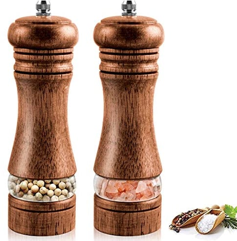 Salz und Pfeffermühle 2er Set aus Holz - Pfeffer und Salzmühle Edle mit verstellbarem Keramikmahlwerk - Manuell Gewürzmühle mit Acrylfenster Klein(16,5 cm) - Salz und Pfefferstreuer für Pfeffer Chilli