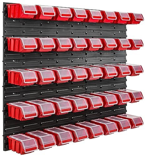 40 Stapelboxen schwarz Wandregal Deckel Kunststoff Werkstattregal 96,5 x 78 cm Werkzeug Werkbank (40 Boxen Rot)