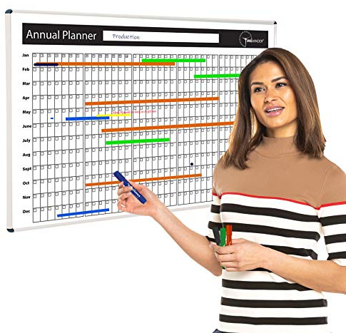 Timeminder Magnetic Drywipe Whiteboard, Annual Planner, 90 x 60 cm, Modern Aluminium Frame, Wall Mounted - Ideal for Organiser for Office, Home, School