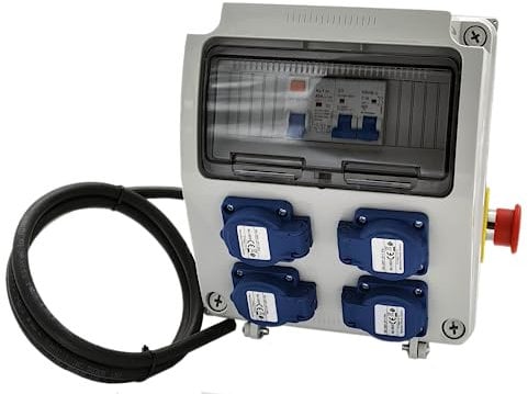 Scatola da cantiere monofase 9 moduli - 4 prese 16A con cavo - IP54 ABS - Inter diff + interruttore + arresto di emergenza | 7kVA