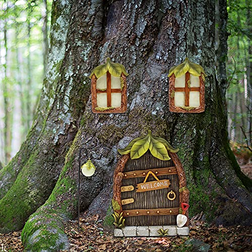 Meyas Miniatur Fairy Gnome Home Fenster und Tür, Garten Leuchtende Türen und Fenster aus Harz, Gartendeko Figuren Statuen, Garten Dekoration Skulptur Statuen Ornament,Leuchten im Dunkeln (Blattdesign)