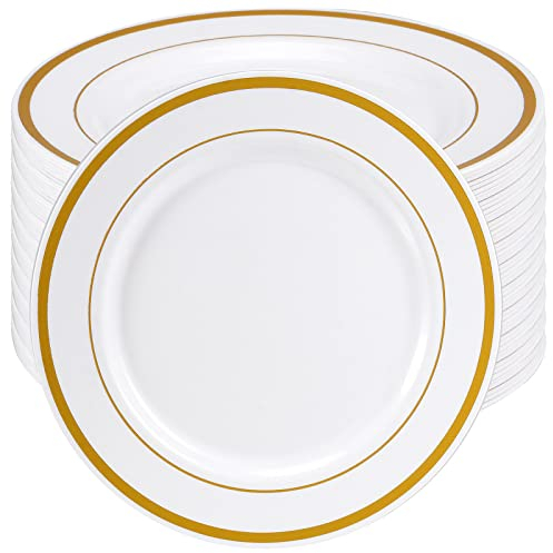 CHUEHKAK 50 Premium Weiße Plastik Dessertteller, 7,5 Zoll/19cm Plastik Essteller mit Goldrand Mehrweg, Multi Use Dinner Party Teller für Dessert, Suppe, Salat, Hochzeiten und Partys