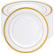 SEUNMUK 50 Pack 19 cm Premium Plastic Dining Plates with Gold Rim, Reusable Plastic Plates Multi-Use Dinner Party Bowls for Dessert, Soup, Salad, Weddings and Parties