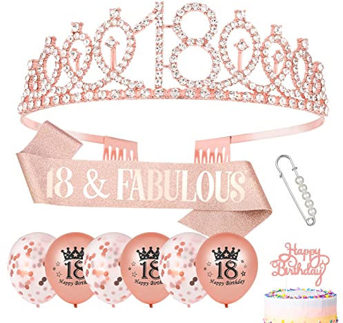Popuppe 18th Birthday Sash and Tiara Rose Gold 18 & Fabulous Sash Rhinestone Crown Balloons Birthday Cake Topper for Girls Birthday Gift Party Decorations Supplies (Rose Gold)