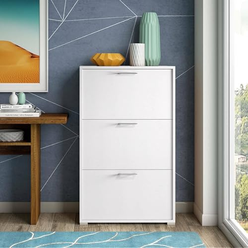 Dmora - Étagère à chaussures Iris, meuble d'entrée polyvalent avec 3 portes pliantes, meuble à chaussures moderne, 100% Made in Italy, 67x18h112 cm, Blanc