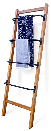 MITUS Blanket Ladder, 4-Tier Ladder Shelf with Iron Metal Rungs and Pine Wood Frame, Rustic Brown and Black