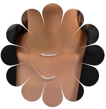 Allereya Vintage Geschichteter Perlen-Halsreif Halskette Perlenbarren-Anhänger Halskette Winzige Perlen Halskette Layering Floating Pearl Halskette Kettenschmuck für Frauen und Mädchen