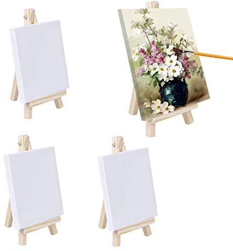 Mini Canvas and Easel Set with Mini Wooden Easel - 4 Pcs Adjustable Mini Artist Easel & 8x8cm Blank Art Canvas Boards for Kids Painting, Craft Decorating, Oil Acrylic Artists