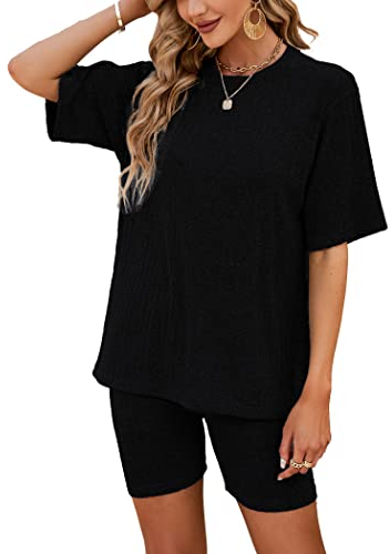 NIUDAU Zweiteiliger Damen Freizeit Set Sommer Loungewear Set Einfarbig Oversize Shirt + High Waist Kurze Sporthose Sleepwear Hausanzug Sets