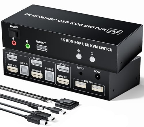 HDMI Displayport KVM Switch 2 Computer 2 Monitore, 4K@60Hz 2 Port HDMI+DP KVM Switch Dual Monitor mit 4 USB 2.0-Hub, Dual-Monitor Displayport KVM 2PCs teilen Sich 1 Satz Tastatur, Maus und 2 Monitore