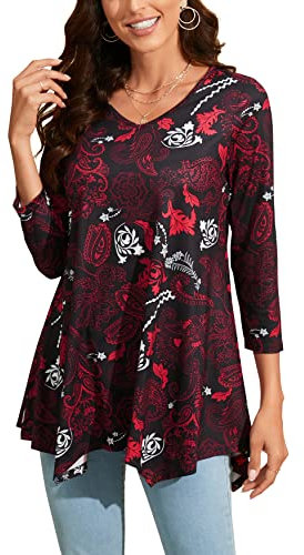 Enmain Camiseta Mujer Manga 3/4 Top Túnica Larga Cuello de Pico Blusa Elegante y Cómoda Talla Grande Tops Estampadas T Shirt para Mujeres,Rojo,M