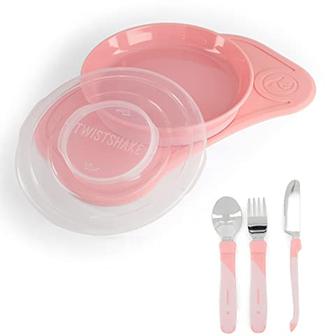 Twistshake Set Vaisselle Bébé Mini + Couverts | Assiette Ventouse Bébé + Set de Table Bébé (31x17cm) + Couverts 12m+ | Sans BPA | Assiette de Formation Alimentaire | Rose