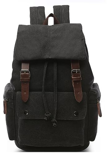 DORRISO Elegant Canvas Rucksack Herren Retro Tagesrucksack für 15.6 Zoll Laptop Große Kapazität Schulrucksack Reisen Lässig Camping Arbeit Wandern Leinwand Herren Backpack Schwarz