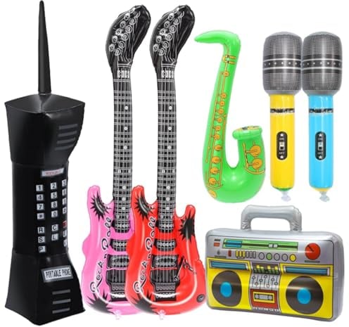 Aufblasbare Rockstar-Party-Requisiten, 9 Stück, aufblasbare Gitarren-Handy-Boombox-Mikrofone, aufblasbare Instrumente für 80er-90er-Jahre-Motto-Party-Dekorationen,