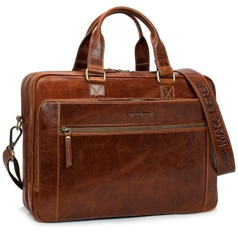 Marc Peter® Seattle I - Bolso bandolera de piel para portátil de 15,6 pulgadas, maletín para ordenador portátil, para hombre y mujer, Bronceado