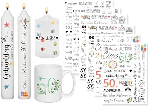 Sugeru 6 PCS Kerzentattoo (200+ Muster) - 50. Geburtstag,Wassertransferdruck | wasserschiebefolie kerzen | Kerzenfolie | kerzenaufkleber sticker | deko geschenk 50 geburtstag,Happy Birthday(50)