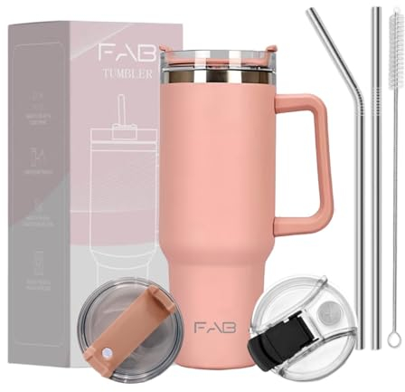 FAB | 40oz Tumbler with Straw, 2Lids and Handle | Stainless Steel Insulated Cup for Hot & Cold Drinks | Double Wall Travel Flask | Iced Coffee Mug | Coral Pink