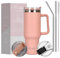 FAB | 40oz Tumbler with Straw, 2Lids and Handle | Stainless Steel Insulated Cup for Hot & Cold Drinks | Double Wall Travel Flask | Iced Coffee Mug | Coral Pink