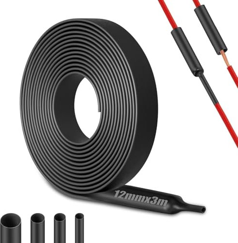 Mbsomnus Schrumpfschlauch 4:1 Wasserdicht Schwarz Mit Kleber - Heat Shrink Tube für Kabelisolierung, Reparaturen, Kabelbündelung (12mm x 3m)