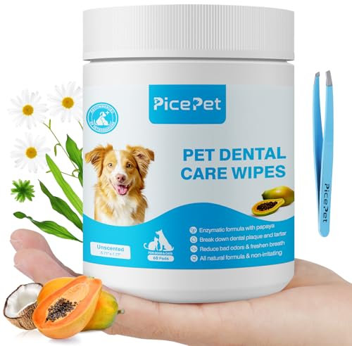 PICE PET Enzymatic Finger Teeth Wipes for Dogs & Cats - Reduce Dental Plaque, Tartar & Freshen Breath - All Natural, Non-Irritating Ingredients - Unscented, 60 Count