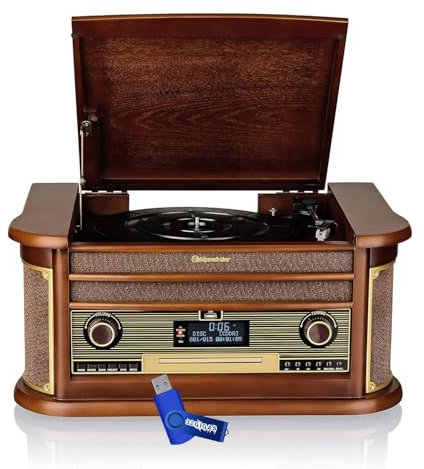 Tourne-Disque Roadstar HIF-1996D+BT - 33/45/78 TR/Min, Radio Dab+/FM, cdMP3, Cassette, Bluetooth, USB, rétro, Bois+ clé USB 32go