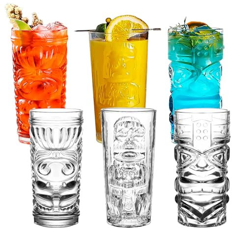 binsakao Tiki Glasses Set of 6-14 Oz Highball Glasses for Cocktail - Modern Clear Tropical Tiki Cups Tumbler Glass Set - Mixed Drinking Glass for Hawaiian Tiki Bar Island Party Beverages Iced Tea