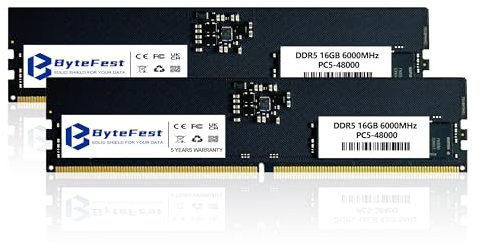 ByteFest DDR5 RAM 32Go (2x16Go) 6000MHz Desktop XMP 3.0 PC5-48000 CL46 UDIMM 1.35V 288 Pin Haute Performance Mémoire pour Ordinateur de Bureau