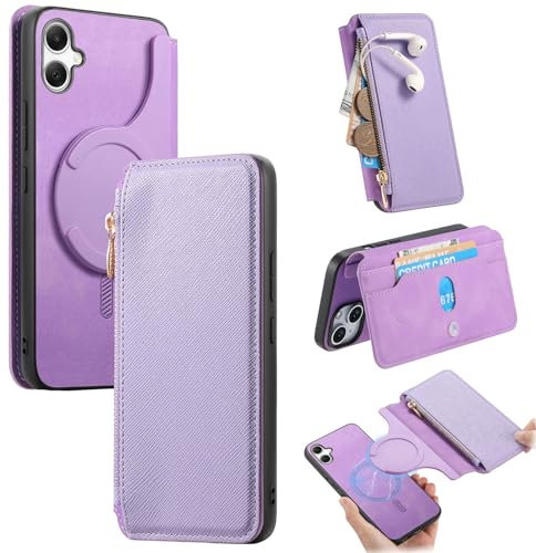 Étui à rabat pour smartphone Étui portefeuille détachable compatible avec Samsung Galaxy A05 avec porte-cartes, étui portefeuille à fermeture éclair magnétique en cuir PU compatible avec Samsung Galax