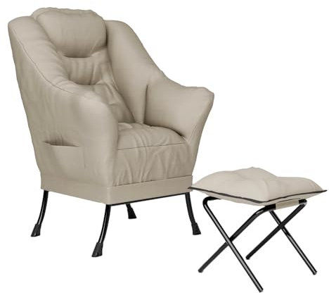 CATAVANA - Fauteuil Design en Velours Crème avec Repose-Pieds - Idéal pour Lire ou Se Détendre - Structure Métallique Robuste - Assise Confortable - Taille Fauteuil 75x70x104cm, Tabouret 34x34x32cm