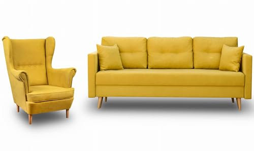 Bonni24 Skandinavisches Sofa und Sessel-Set Lahti/Denver Mustard (Gelb, 1x 3-Sitzer-Sofa, 1x Sessel)