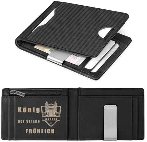 Maverton Slim Wallet mit Münzfach Schwarz - personalisierte Geldbörse Herren aus echtem Rindsleder - Carbon Design - Geschenke für Männer - Kartenetui für LKW- und Motorradfahrer