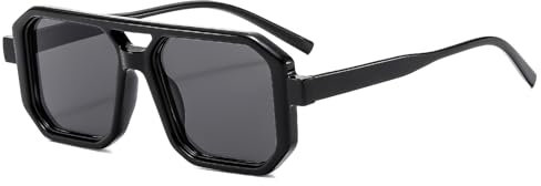 Long Keeper Retro Pilot Sonnenbrille Herren Damen - 70er Jahre Flache Vintage Quadratische Doppel Brücken UV400 Schutz (Helles Schwarzes Grau)